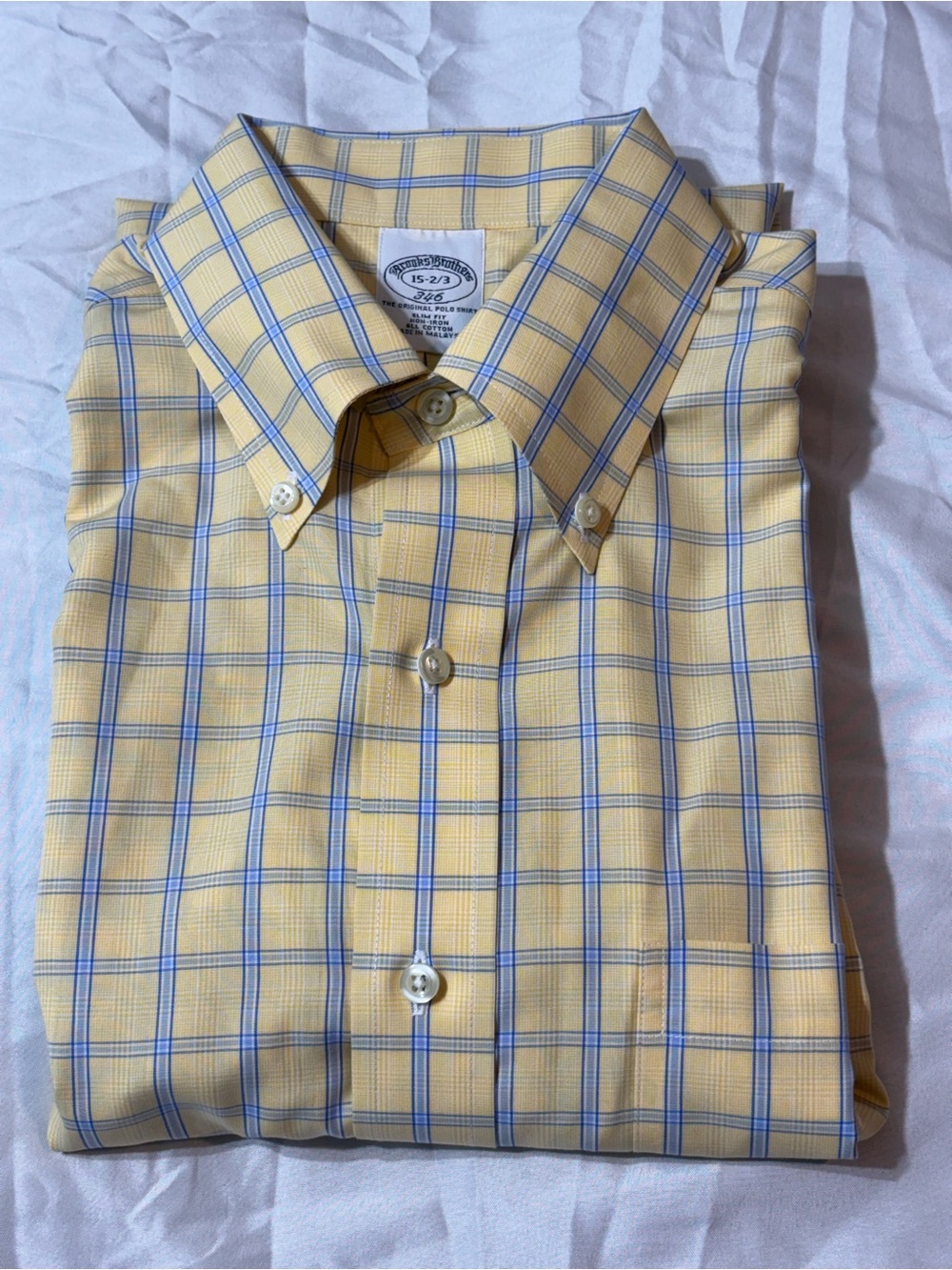 Brooks Brothers 346 Yellow Blue Plaid Slim Fit Shirt Size 15 2/3